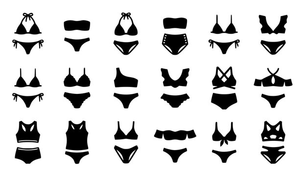 Bikini icons set with stylish swimwear silhouettes in black including triangle bandeau and halter designs for fashion and beachwear