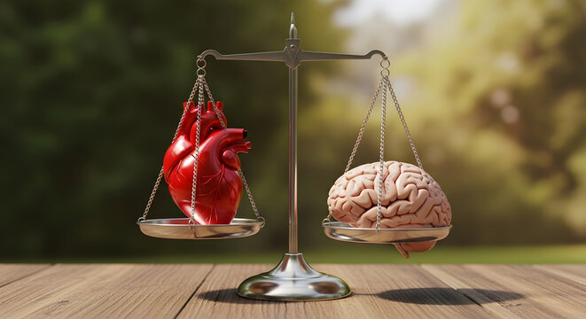 A heart and a brain balanced on a weighing scale outdoors