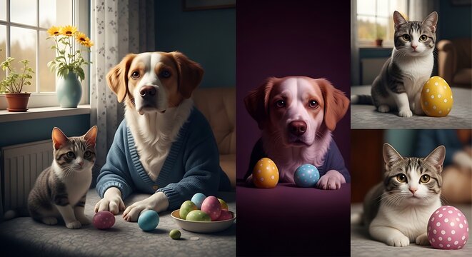 Easter pets dog cat colorful eggs.