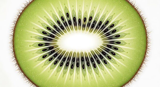 Close up of a kiwi fruit slice showcasing vibrant green and brown textures