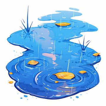 A stylized blue puddle with raindrops and floating yellow leaves.