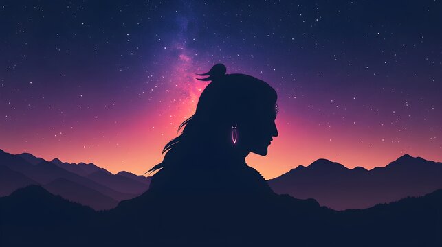 Silhouette of Lord Shiva against the night sky with glowing stars above mountain range. Spiritual meditation and divine peace. Indian mythology deity for religious holiday celebration.