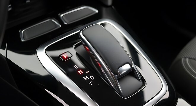 Close up of a modern car gear shift lever in a luxury vehicle interior