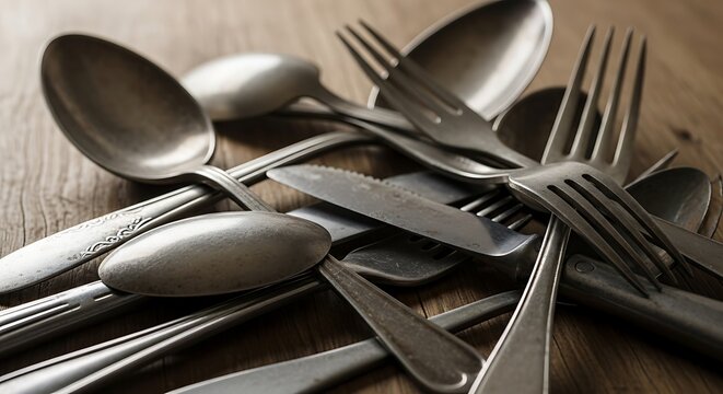 Close up of assorted silverware on a wooden surface for dining
