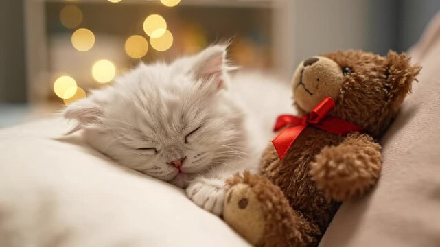 Adorable White Persian Kitten Sleeping Beside Teddy Bear with Red Bow Bokeh Lights Pet Photography