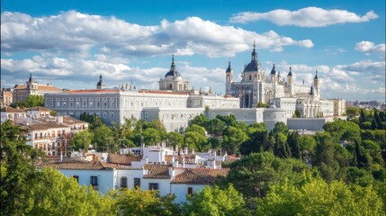 Fototapeta premium Panoramic Madrid cityscape with Royal Palace and Almudena Cathedral, historic architecture, green trees, blue sky, urban skyline and cultural landmark scenery in Spain