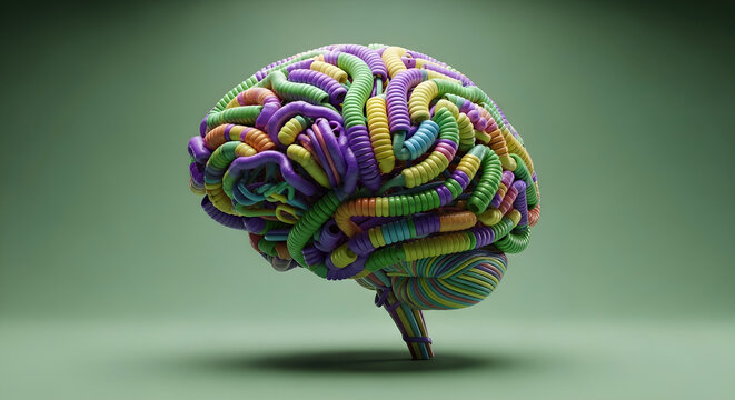 Conceptual illustration of a human brain made of colorful plastic tubes or wires