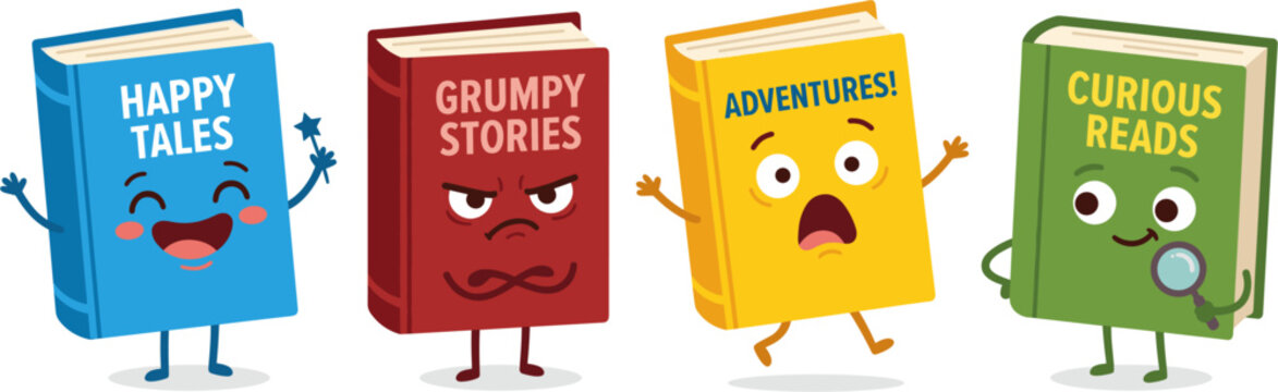 Cute Cartoon Books Characters with Different Emotions and Genres Vector Illustration