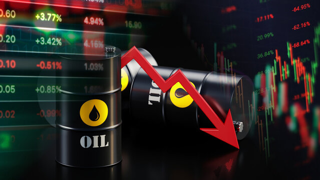 Crude oil price collapse and energy market instability triggered by shifting global demand and volatile trading metrics. Featuring black oil barrels with a sharp red downward arrow overlaid on live 