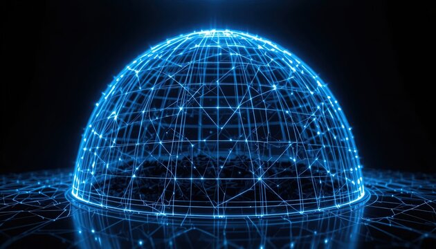 Abstract Glowing Network Dome Illustration on Dark Reflective Surface, Futuristic Technology Backdrop