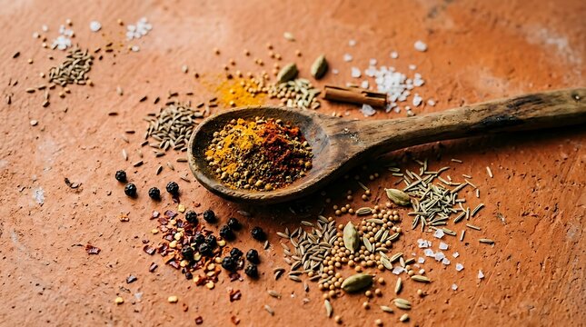 Aromatic Spice Medley: A vibrant medley of exotic spices spills from a rustic wooden spoon, creating a tantalizing display of colors and aromas.