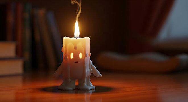 A cheerful candle character sits on a table with books nearby indoors