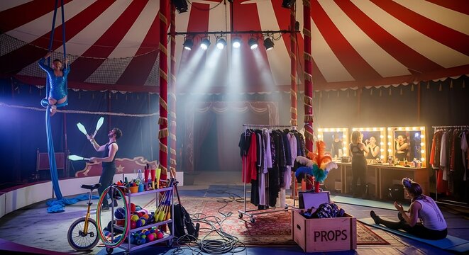 Circus performers training and preparing for a show with stage props and lighting