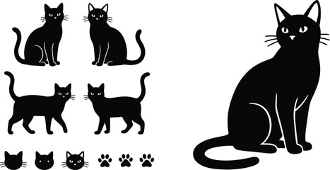 Cat silhouette set with cute feline poses faces and paw prints isolated pet vector illustration collection © MdRobiul