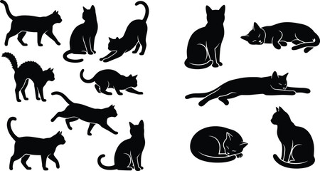 Fototapeta premium Cat silhouette set with multiple poses including walking stretching jumping and sleeping isolated pet vector illustration collection