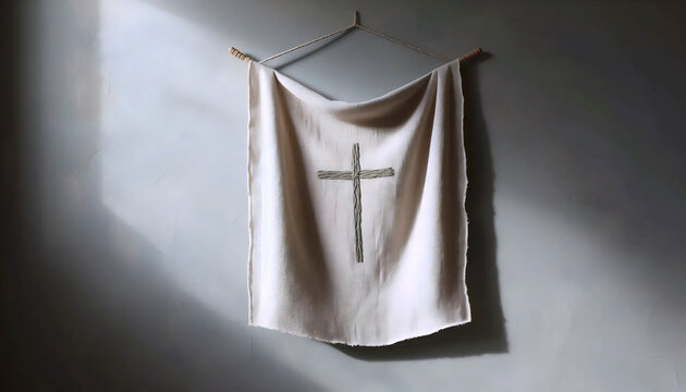A zen boho linen wall hanging with a minimalist cross, Ai generated image