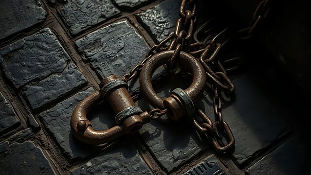 exoneration. Weathered rusted shackles lie on rough stone, chains trailing into shadow. event programs, museum guides, designed for cultural heritage projects and event programs.