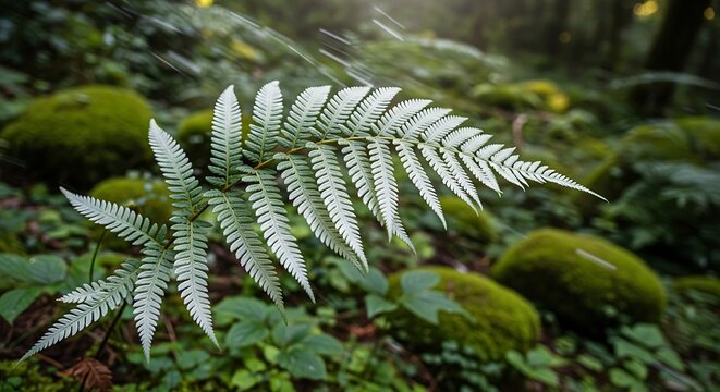 Close up of a silver fern branch in a lush green forest environment