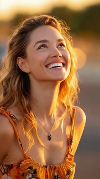 Golden Gaze of Serenity: A radiant woman gazes upward towards the sky, her features illuminated by the warm, golden light of dawn, exuding a sense of peace and optimism.