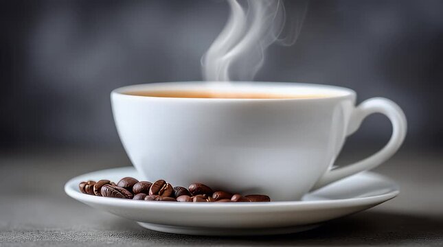 Steaming cup of coffee with roasted beans on a saucer creating a warm and inviting atmosphere perfect for morning routines cozy moments or cafe branding