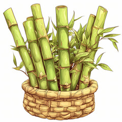 Fototapeta premium Green bamboo stalks and leaves arranged in a woven basket.