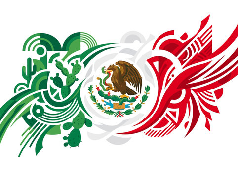 Mexican Flag Emblem with Eagle Cactus and Red Green Decorative Swirls