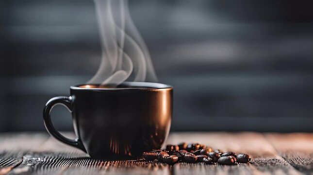 Steaming cup of freshly brewed coffee with roasted beans on a rustic wooden surface creating a warm and inviting atmosphere for morning rituals or cozy moments
