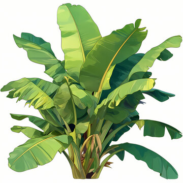Lush digital illustration of a banana plant with big leaves.