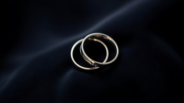 electroluminescence. Two silver wedding bands overlapping on dark velvet fabric. lifestyle magazines, social media lookbooks, designed for lifestyle magazines and social media content.