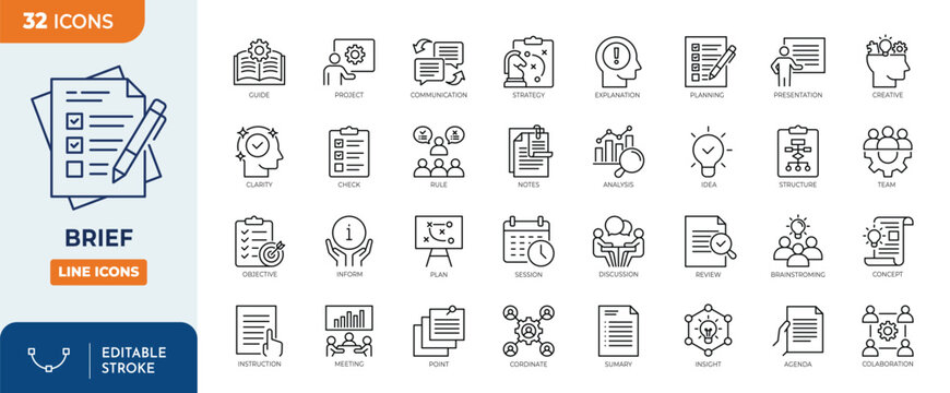 Brief icon set. Containing briefing, agenda, instruction, inform, planning, collaboration, team, note, insight, meeting, and more. Editable stroke. Vector illustration
