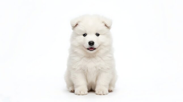Adorable fluffy white Samoyed puppy sitting in front of a pure white background, looking directly at the camera with a happy expression