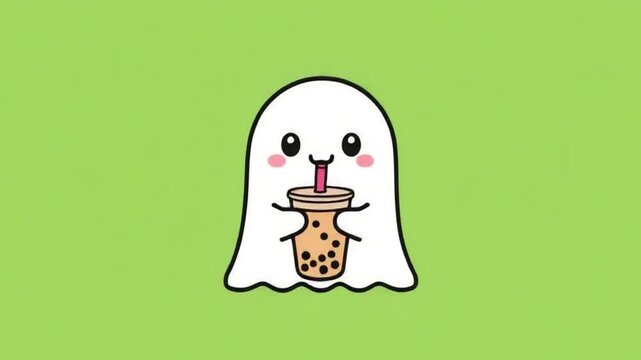 Cute 3D Ghost Drinking Bubble Tea Green Screen Animation
