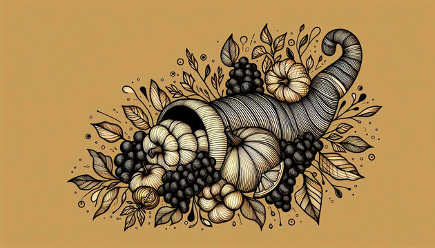 A cornucopia illustration with fruits and a hidden cross shape, Ai generated image