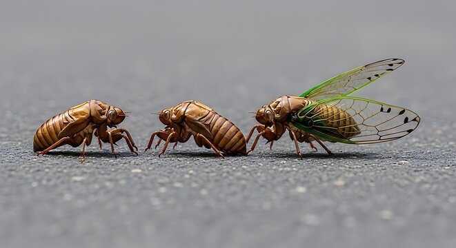 Close up of three cicadas on a textured surface showcasing natural details