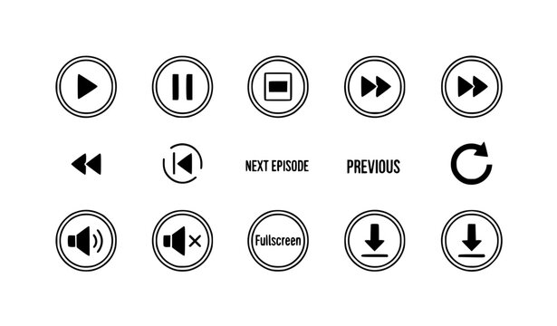 Rounded Media Player Control Icons for Audio Video Playback, Music Streaming Interfaces, Multimedia Applications, and Digital User Interface Design Elements