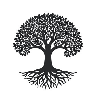 Tree of life silhouette with deep roots and lush leaves, black oak tree vector icon, symmetrical organic nature symbol for branding and logos