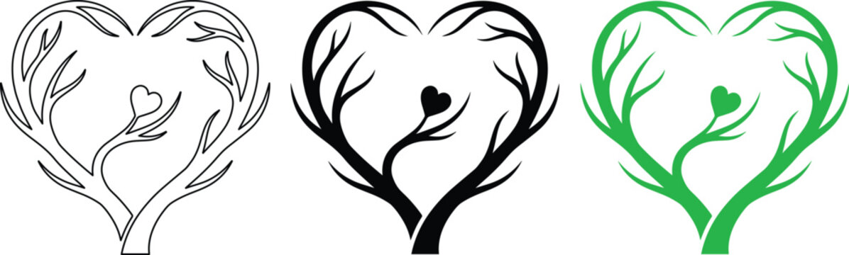 Rustic deer antler heart vector set, hunting lodge style heart icons in black and green, woodland wedding antler illustrations for t-shirt design