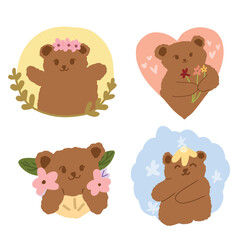 Fototapeta premium Cute Bear with Flowers and Decorative Frame Vector Set Hand Drawn Floral Animal Character Collection