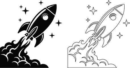 Retro rocket ship launch vector icons, vintage spaceship blast off with smoke and stars, black and white spacecraft silhouette and line art set © ArsiStudio