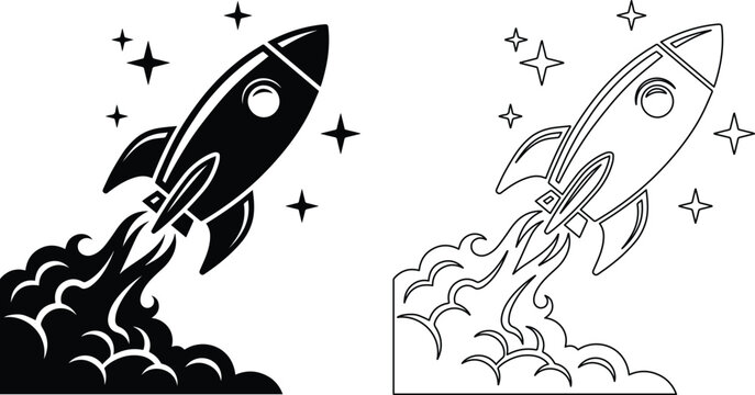 Retro rocket ship launch vector icons, vintage spaceship blast off with smoke and stars, black and white spacecraft silhouette and line art set
