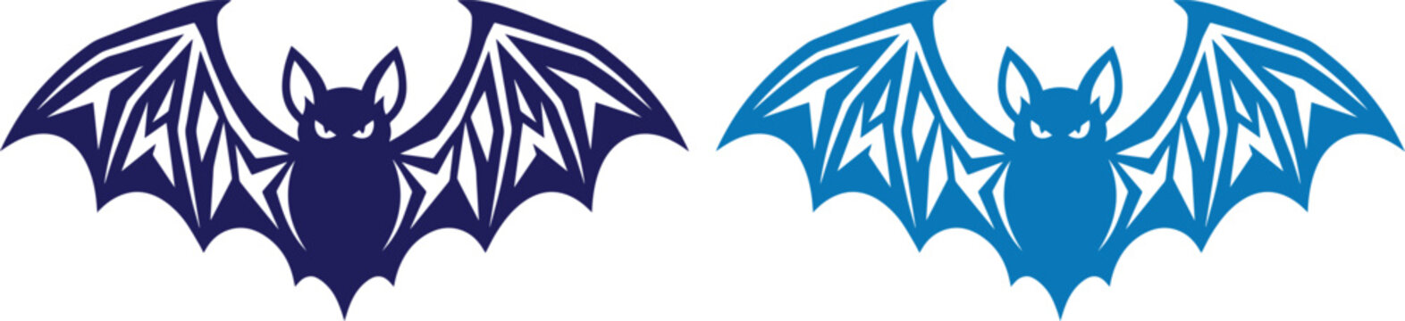 Stylized bat vector illustrations with spread wings, dark blue and light blue flying bat icons, tribal gothic animal silhouettes for Halloween branding
