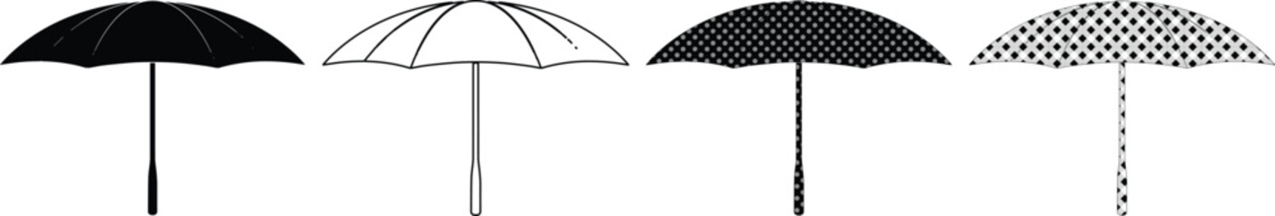 Black and white umbrella vector icons set, minimalist weather protection parasol collection, 4 flat umbrella silhouettes for rain and sun © ArsiStudio