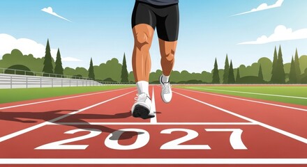 Fototapeta premium A man runs into the new year on a track illustration