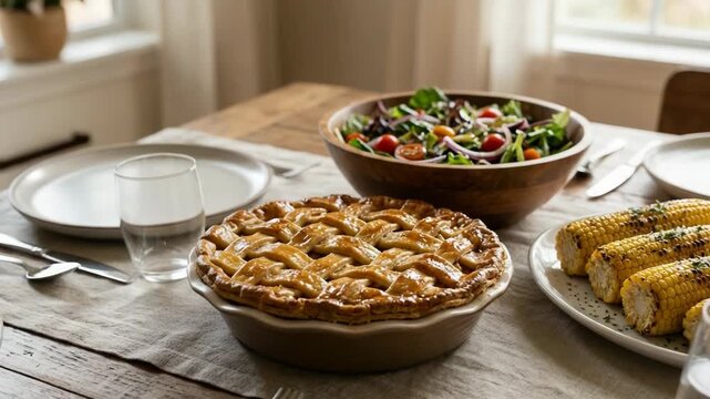 Delicious Homemade Apple Pie and Salad on Wooden Table
