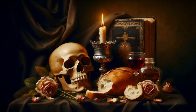A vanitas sacra still life with skull and Eucharist, Ai generated image