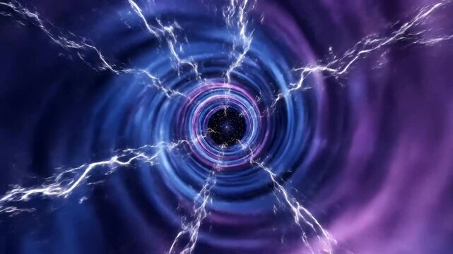 Cosmic portal with swirling purple nebula energy and lightning bolts.
