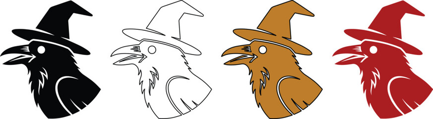 Obraz premium Gothic raven witch head icons, mystical crow wearing wizard hat vector set, spooky halloween bird silhouettes in black gold and red colors
