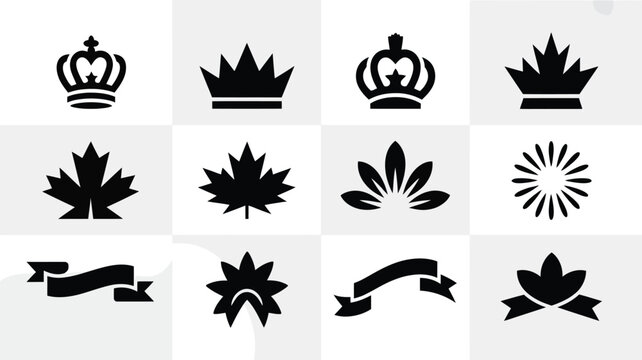 Modern vector logo collection featuring diverse icons crowns maple leaves floral elements sunbursts and ribbons for branding and design projects clean minimalist style