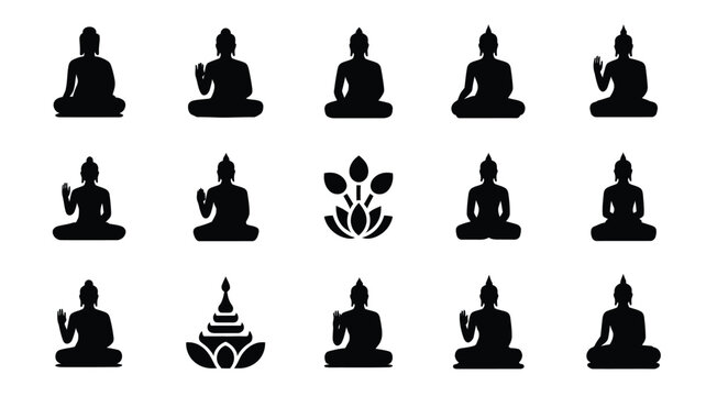 Collection of serene buddha silhouettes in meditation poses symbolizing peace enlightenment and spiritual practice presented with lotus flower icons on a clean white background