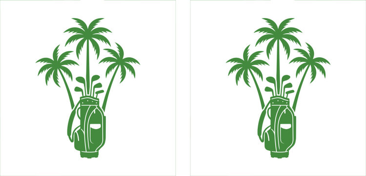 Tropical golf bag logo with palm trees, green golf club equipment vector illustration, luxury resort sports emblem for country club branding